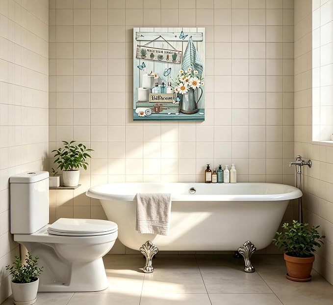 XcwDt is Teal Farmhouse Bathroom Canvas Wall Art,Rustic Daisy Butterfly Bathroom Wall Decor,Vintage Wash Your Hands Painting Print,for Toilet Powder Rooms Laundry Rooms Home Decoration 12 in X 16 in