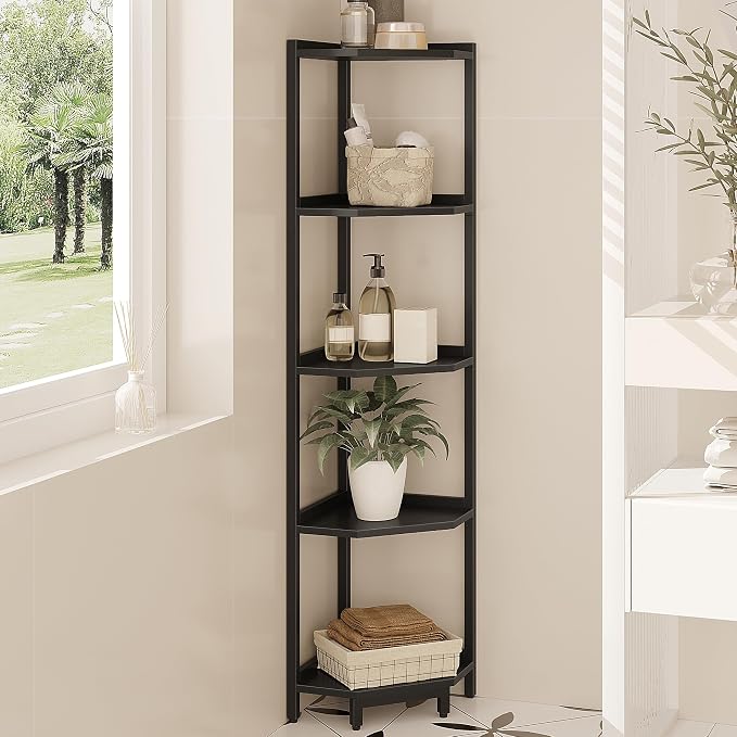 Hzuaneri Corner Shelf Stand 5-Tier Corner Bookshelf Storage Standing Shelf | Bookcase Plant Stand with Metal Frame for Living Room, Home Office, Bedroom, Black CS05906B