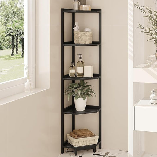 Hzuaneri Corner Shelf Stand 5-Tier Corner Bookshelf Storage Standing Shelf | Bookcase Plant Stand with Metal Frame for Living Room, Home Office, Bedroom, Black CS05906B