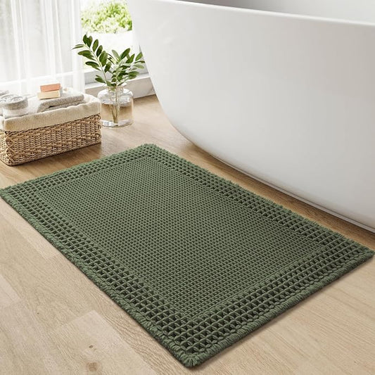 RESARE Waffle Bath Mat for Bathroom, Non Slip Bathroom Rugs 24"x36" Green | Absorbent Boho Bathroom Floor Mats Machine Washable Quick Dry, Soft Solid Bath Rugs with Tassels, Ideal Farmhouse Home Decor