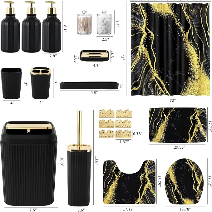 21PCS Bathroom Sets with Shower Curtain and Rugs Bathroom Accessories Set Black Bathroom Set Complete with Trash Can, Toilet Brush, Qtip Holder & 3PCS Soap Dispenser