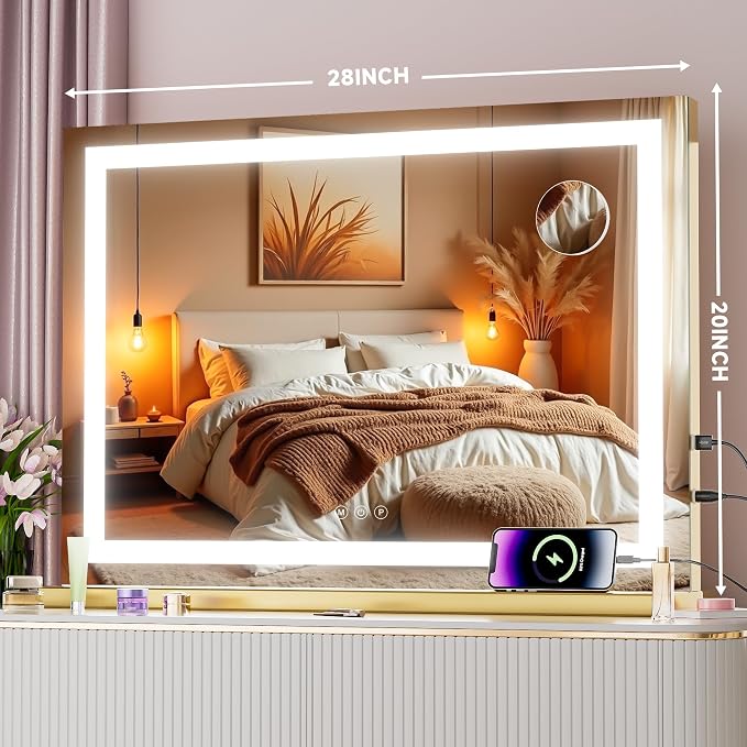 Vanity Mirror with Lights, 28" x 20" LED Makeup Mirror with 10X Magnification, Dimmable 3 Modes, Memory Function, Smart Touch, USB Charging Port, Lighted Makeup Mirror Square Glod
