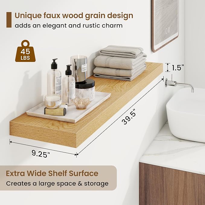 Marsmiles 9.25in Depth 40in Floating Shelves, 40x9.25x1.4, Oak, Set of 2 | Wall Mounted Engineered Wood Shelves, Invisible Brackets for Living Room, Bedroom, Bathroom, Kitchen Decor and Storage