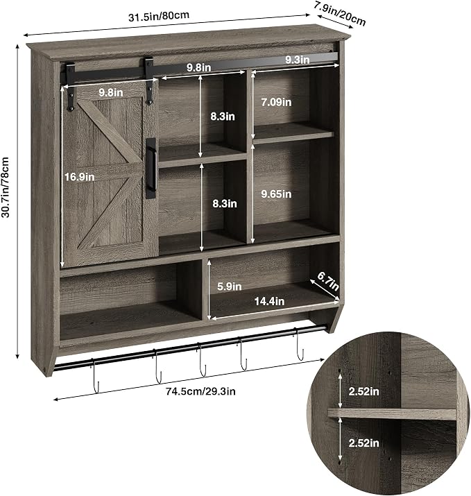 RUSTOWN Farmhouse Bathroom Wall Storage Cabinet with Sliding Barn Doors | 3-Tier, Rustic Wood Wall Mounted Cabinets, Vintage Medicine Cabinet, Adjustable Shelves, Over The Toilet Storage Cabinet
