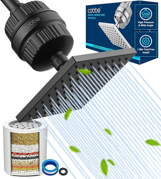Cobbe High Pressure Filtered Shower Head with Filters for Hard Water Combo | Rain Showerheads with 20 Stage Water Softener for Healthier Skin & Hair Remove Chlorine and Harmful Substances, Matte Black