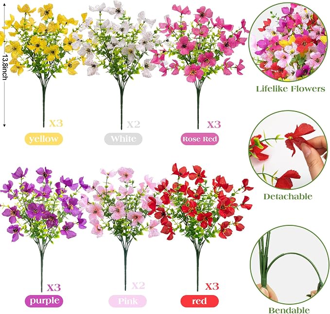 16 Pcs Multicolor Artificial Flowers for Outdoors Decorations | Realistic, silk flowers, faux plastic plants, UV resistant, for summer garden porch window vase indoor outdoor home decor