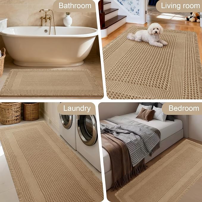 Upgraded Waffle Bath Mat Set 3 Piece Beige-Looped, Super Absorbent Non-Slip Quick Dry Bathroom Rugs with Tassels, Machine Washable Ultra Soft Boho Bath Rugs for Floor, Toilet Mats Boho Farmhouse Decor