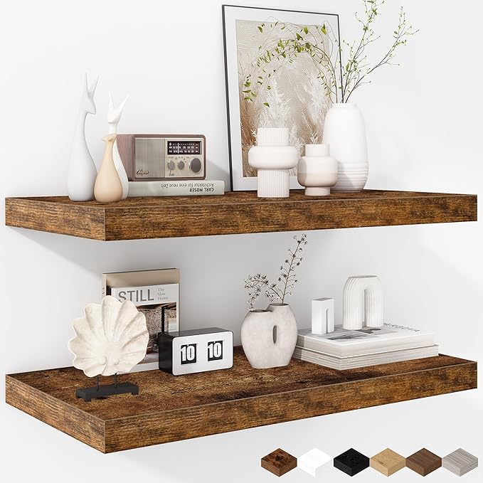 Fun Memories Floating Shelves - 2 Pack 12 Inch Deep Rustic Wooden Wall Shelves - Extra Deeper & Thicker Wall Mounted Storage Shelf for Living Room, Kitchen, Farmhouse - 24" W x 12" D x 1.5" H - Brown
