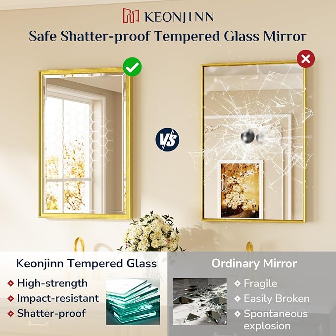 Keonjinn 20" x 30" Gold Bathroom Mirror for Over Sink, Aluminum Alloy Frame | Safe Tempered Glass, Effortless French Cleat Installation, Shatterproof, Rectangle Transitional Gold Vanity Mirror for Wall