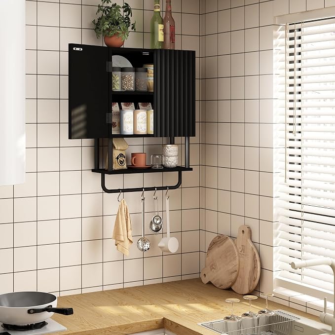 RUSTOWN Fluted Bathroom Wall Cabinet with 2 Doors, 3-Tier Medicine Cabinet | Modern Farmhouse Wall Mounted Cabinets, Over The Toilet Storage Cabinet, Adjustable Shelf and Towel Bar, Small