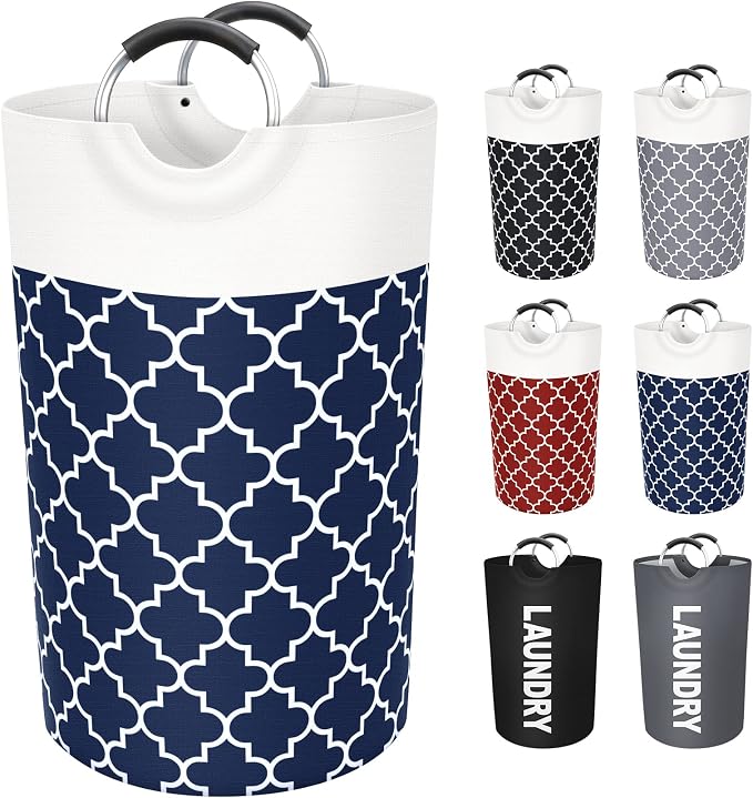 Large Laundry Basket 82L Tall Collapsible Hamper with Handles for Dorm Blue | Freestanding Laundry Hamper, Waterproof Dirty Clothes Storage Bag for College, Bathroom, Foldable Washing Bin for Travel
