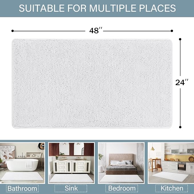 LOCHAS Luxury Bathroom Rug Shaggy Bath Mat 24 x 48 Inch, White | Washable Non Slip Bath Rugs for Bathroom Shower, Soft Plush Chenille Absorbent Carpets