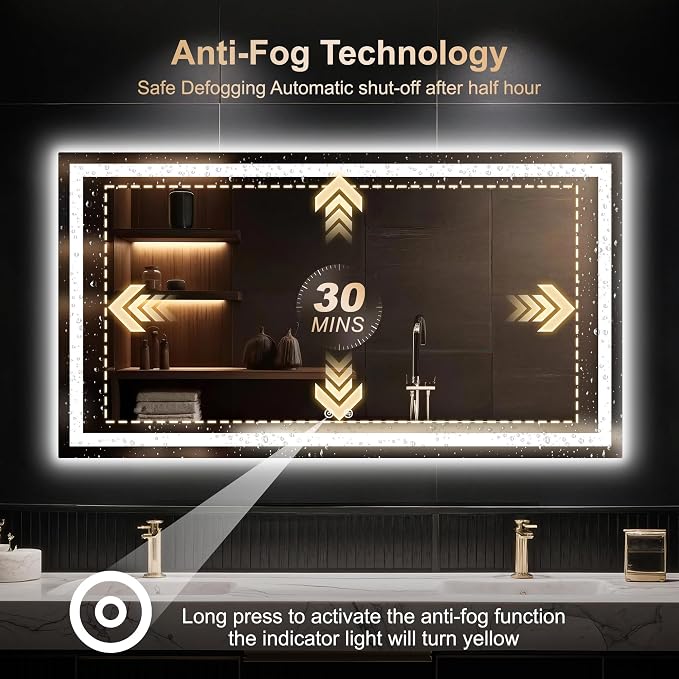 LED Mirror for Bathroom 30x55 Inch, Dimmable Front & Backlit Vanity Mirror with Anti-Fog, 3 Color Modes, Memory Function, Shatterproof Tempered Glass, Horizontal or Vertical Mount