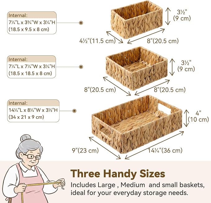 GRANNY SAYS Wicker Baskets for Shelves, Large Water Hyacinth Baskets | Small Woven Storage Baskets for Shelf, Rattan Basket for Organizing, Wicker Basket Set, 3-Pack Small Baskets