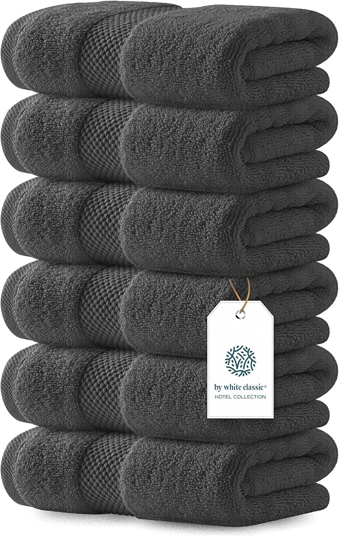 White Classic Luxury Charcoal Hand Towels - Soft 100% Turkish Cotton | Highly Absorbent Hotel spa Bathroom Towel Collection | 16x30 Inch | Set of 6