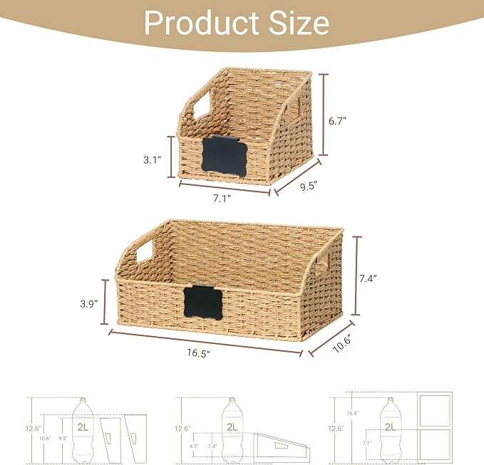 Pantry Organizers, Handwoven Large Wicker Baskets for Shelves & Kitchen, Labeled Storage Baskets for Organizing with Handles - Paper Storage Bins for Shelves, 3 Pack, Natural