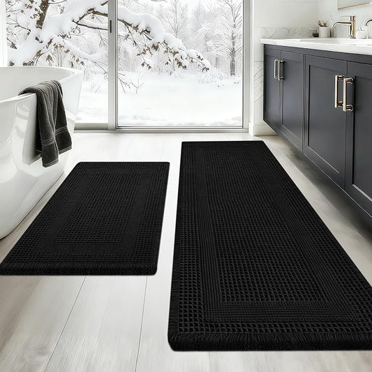 Upgraded Waffle Bath Mat Set 2 Piece Black-Looped, Super Absorbent Non-Slip Quick Dry Bathroom Rugs with Tassels, Machine Washable Ultra Soft Boho Bath Rugs for Floor, Toilet Mats Boho Farmhouse Decor