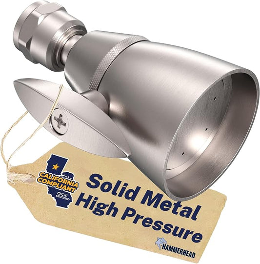 HammerHead Showers® SOLID METAL 2 Inch High Pressure Shower Heads BRUSHED NICKEL – California Compliant 1.75 GPM Low Flow Rate - High Flow Shower Head with ADJUSTABLE SPRAY PATTERN - Fixed Shower Head