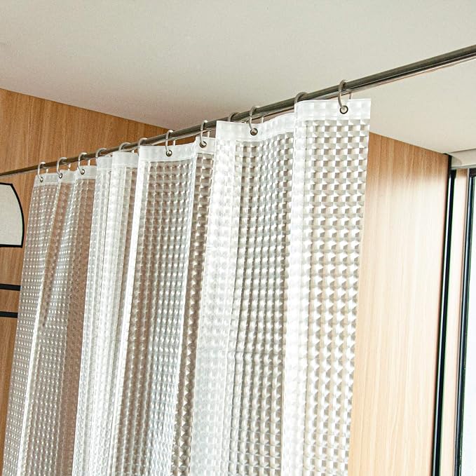 NTBAY EVA Shower Curtain Liner, 72 x 72, 6 Gauge, Clear Checkered | Water-repellent EVA Liner with 3 Bottom Magnets, 12 Reinforced Grommets, and 12 Plastic Hooks