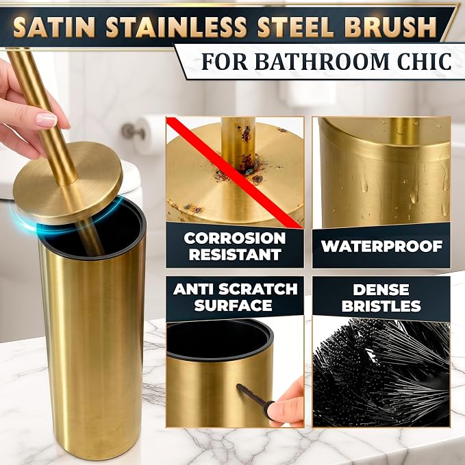 Toilet Bowl Brush with Holder, Stainless Steel Material, Replaceable Head | Gold Toilet Brush and Holder Set, Splash Protection & Dense Bristles for Bathroom Cleaning, Corrosion & Scratch Resistant