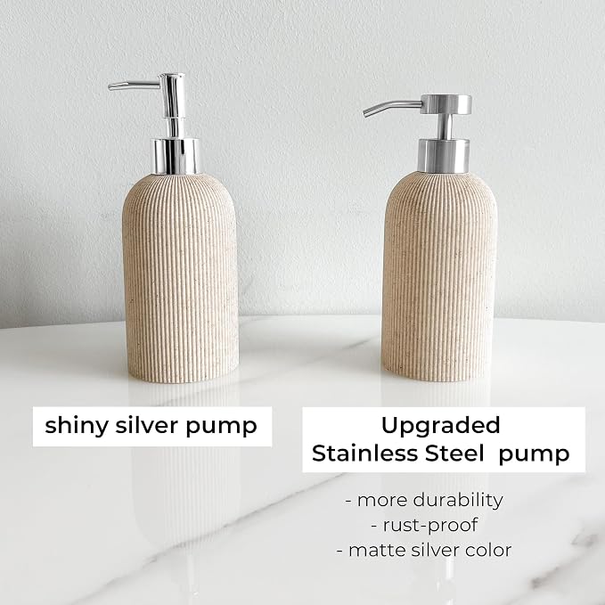 Sand Beige Soap Dispenser with Stainless Steel Pump, 7oz | Luxury Farmhouse Boho Zen Style, Sandstone Finish, Lotion & Dish Soap Dispenser for Bathroom and Kitchen