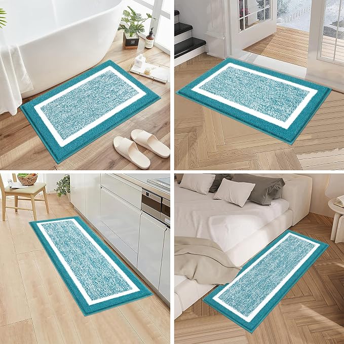 Pauwer Bathroom Rugs 3 Piece Set, Non Slip Washable Bath Mat, Aqua Blue | Soft Plush Microfiber, Super Absorbent Floor Carpet, U Shaped Toilet Mats, Quick Dry, Shaggy Shower Rugs Runners