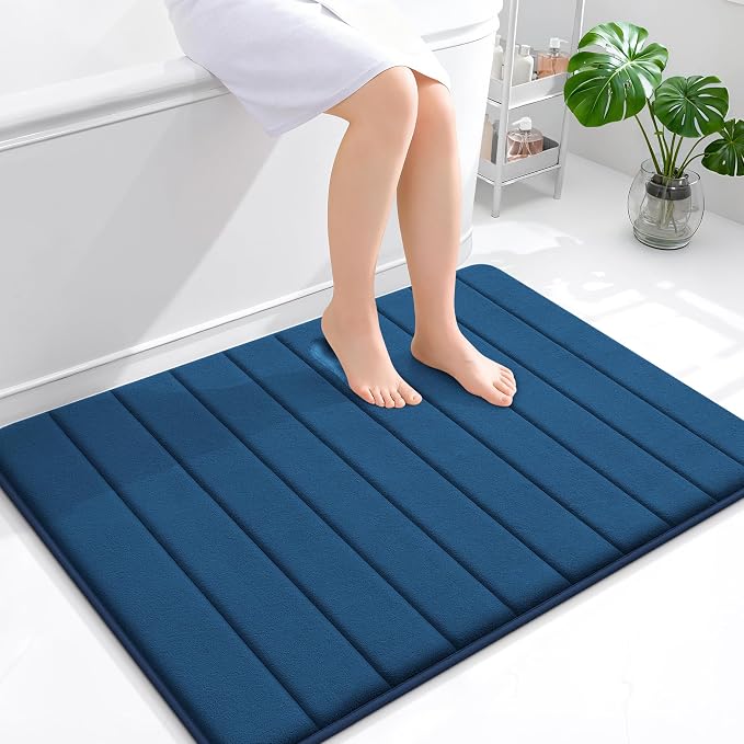 OLANLY Memory Foam Large Bath Mat 40x32, Super Soft Absorbent Bathroom Rugs | Navy Blue, Quick Dry Bath Rug, Machine Washable Shower Floor Mats, Bathmat Carpet for Bathroom Floor, Tub and Shower