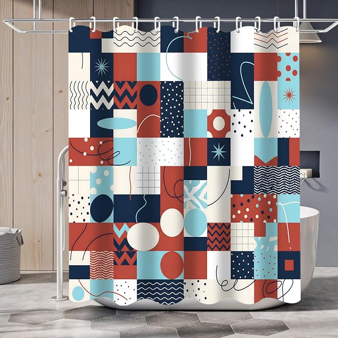 LQCOOL Geometric Patchwork Shower Curtain Set Bathroom Sets Modern Shower Curtain Set for Bathroom Sets with Rugs and 12 Hooks