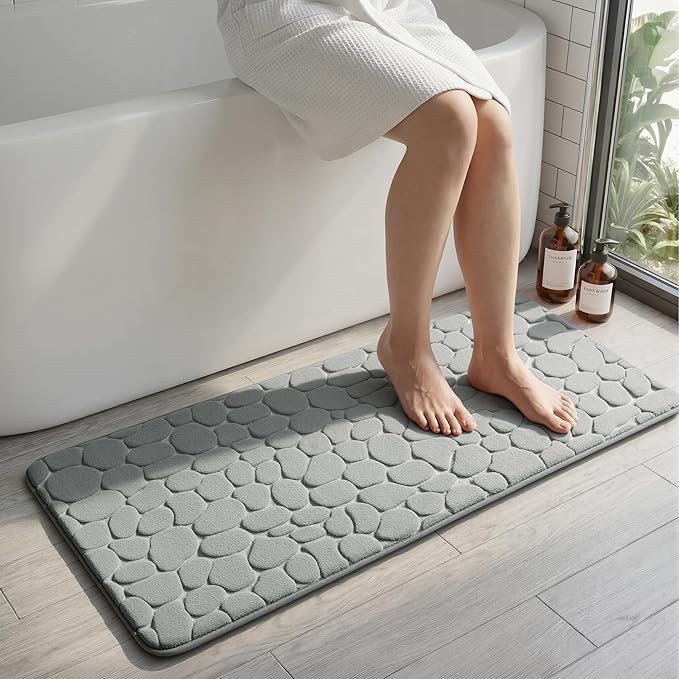 Memory Foam Runner Rug, Cobblestone Bathroom Runner Rugs Super Water Absorbent Bath Mats for Bathroom Machine Washable Bath Rugs for Hallway Bedroom Laundry Room(20 x 47,Light Gray)