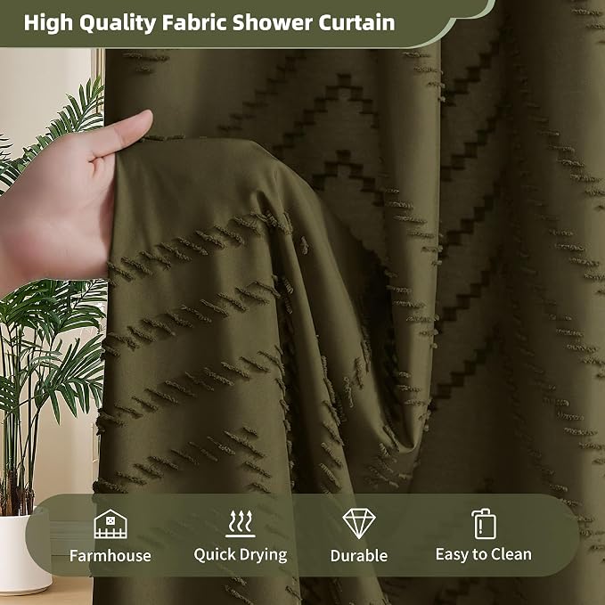 Siiluminisoy Extra Long Olive Green Boho Shower Curtain with Tassel, Woven Fabric 84 in Shower Curtain, Tufted Chevron Striped, 72 x 84, Modern Chic Textured Minimalist Bathroom Shower