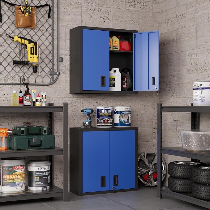 30 Inch Metal Wall Cabinet, Metal Wall Cabinet for Garage, Blue | Wall Mount Cabinet with Lock and Adjustable Shelf, Lockable Storage Cabinet for Home Office,Garage,Gym,School