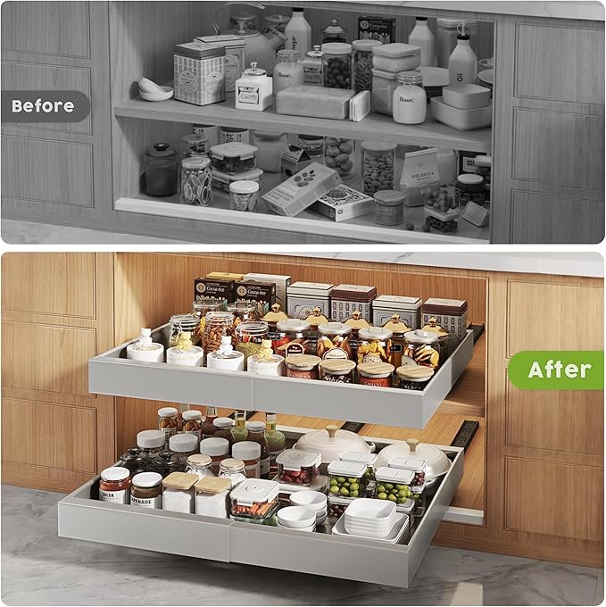 Seinloes 2 Pack Pull Out Cabinet Organizers 21"Deep with Raising Pad for Framed Cabinets,Expandable Slide Out Drawers Upgrade 3 Slide Rails,Roll Out Shelves Adhesive,Adjustable Width 12"-20.45" Silver