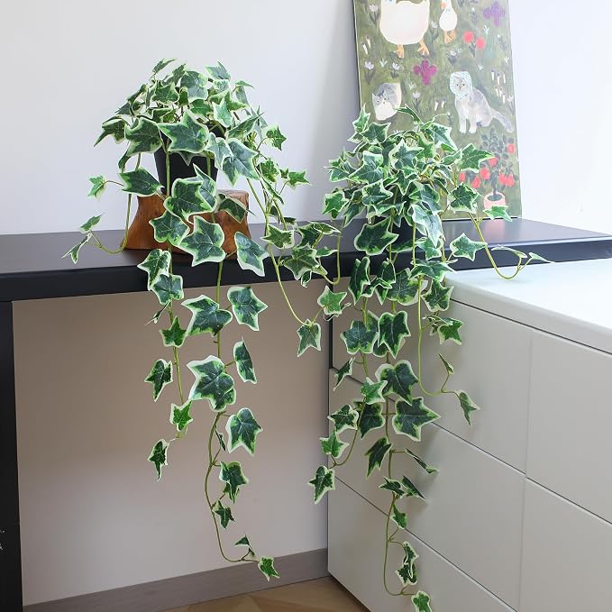 Fake English Ivy Plants in Pots Set of 2 – Realistic Artificial Ivy Greenery for Home Decor, Tabletop, Office, Shelf, Balcony, Lifelike Faux Hanging Vines, No Maintenance Required - White and Green