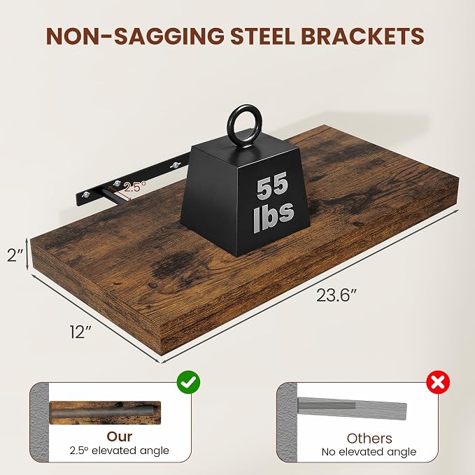 Vivelove 12" Deep Floating Shelves 24x12” Set of 2, Rustic Brown | Easy Install With Hardware, 2" Thick, Invisible Brackets, Wall Mounted, No Sagging, For Any Room