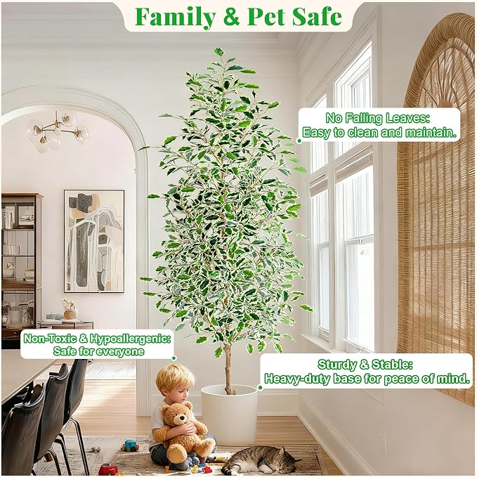 Bailikang 7FT Artificial Ficus Trees Indoor Faux Trees Indoor Fake Floor Plants Tall Artificial Tree with White Pot Faux Tree Fake Indoor Tree Silk Plants Artificial Trees for Home Decor Indoor