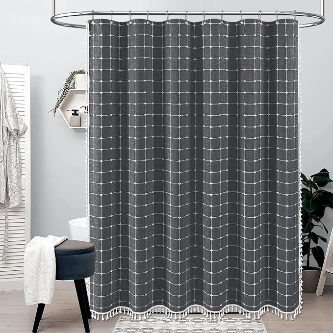 60x72 Boho Linen Heavy Duty Fabric Shower Curtain Set, Charcoal Gray | Narrow Size, 330GSM Linen Blend, 3-side Tassels, Water Repellent Cloth, 10 Plastic Hooks, Rustic Bohemian, Machine Washable