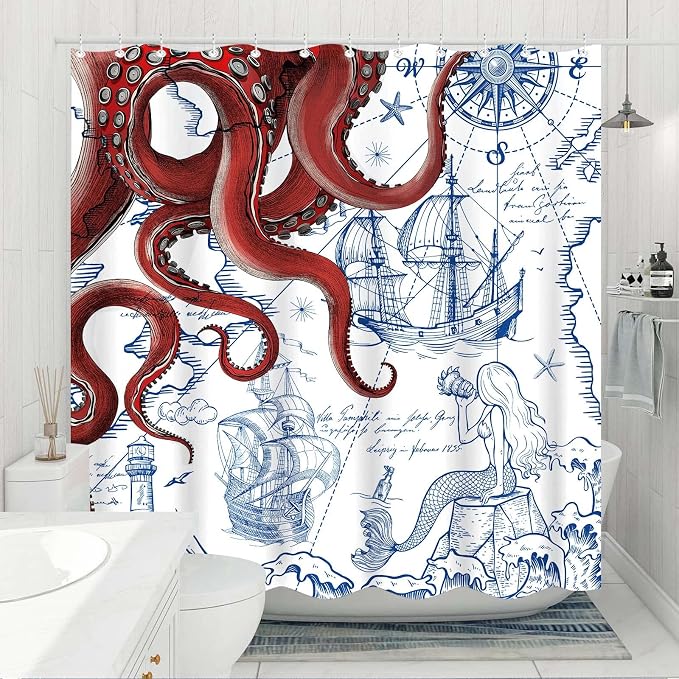 Fungarth 84 Inch Extra Long Red Nautical Octopus Shower Curtain Navy Blue Mermaid Funny Ocean Kraken Shower Curtains for Bathroom Anchor Coastal Map Waterproof Fabric Bath Curtain (Red, 72” x 84”)