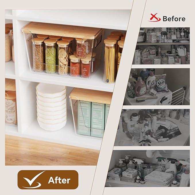 2 Large and 2 Small Pantry Organizers and Storage with Bamboo Lids, Stackable Clear Bins for Onion, Potato, Fruit, Vegetables, Trash Bag Dispenser, Kitchen and Under Sink Organizer