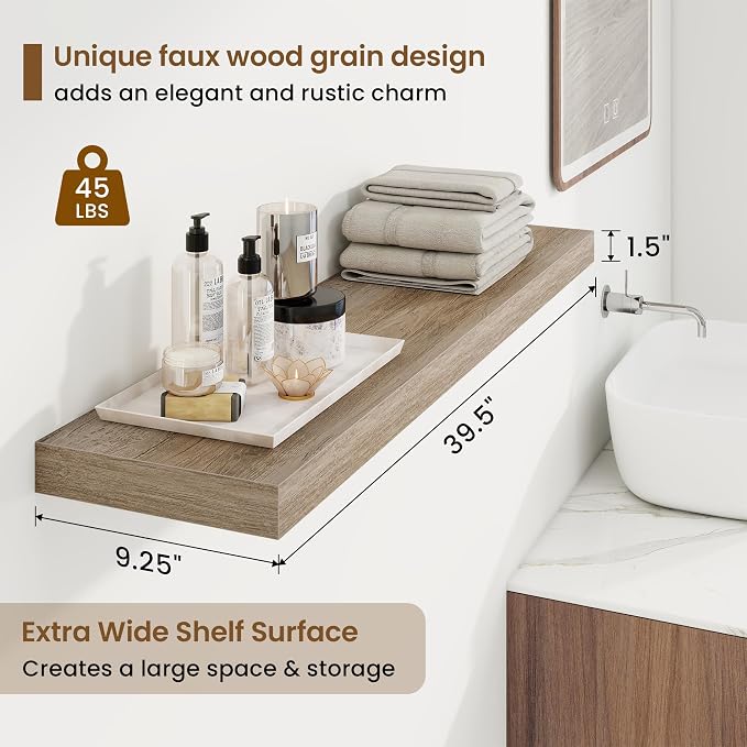 Marsmiles 9.25in Depth 40in Floating Shelves, 40x9.25x1.4, Grey, Set of 2 | Wall Mounted Engineered Wood Shelves, Invisible Brackets for Living Room, Bedroom, Bathroom, Kitchen Decor and Storage