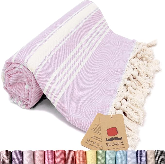 Turkish Beach Towel, 100% Cotton, 71x39 in, Stripe Lilac