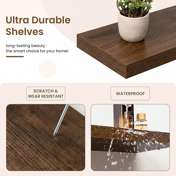 Marsmiles 9.25in Depth 32in Floating Shelves, 32x9.25x1.4, Walnut, Set of 2 | Wall Mounted Engineered Wood Shelves, Invisible Brackets for Living Room, Bedroom, Bathroom, Kitchen Decor and Storage