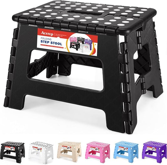 Folding Step Stool 9 Inch, Non-Slip Foldable Stools for Kids, Black | Heavy Duty Collapsible Foot Stool, Lightweight, Holds 300 lb for Toddler/Adults Kitchen Bathroom Bedroom Outdoor, with Handle
