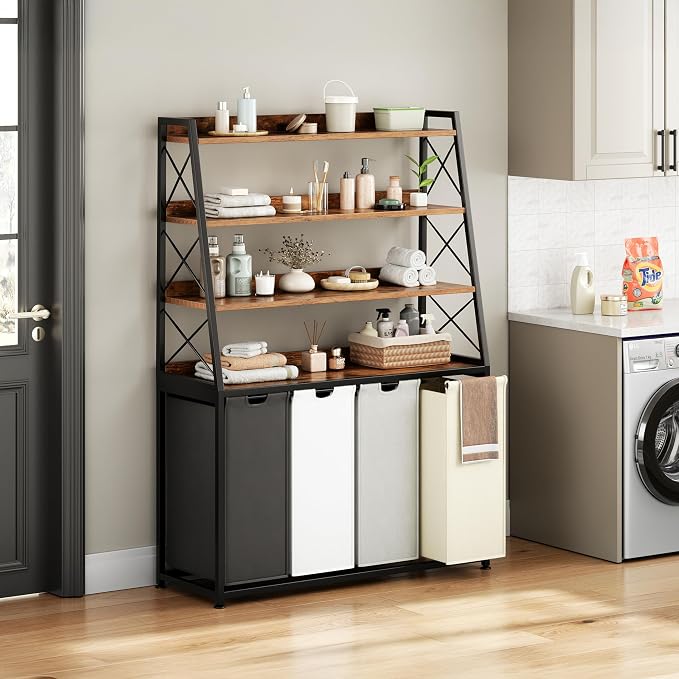Herture Laundry Basket, 4 Section Laundry Hamper with 4 Tiers Shelf, Pull-Out and Removable Laundry Bags, Large 4 x 15.87 Gallons, for Laundry Room Bathroom Rustic Brown PF12XLN
