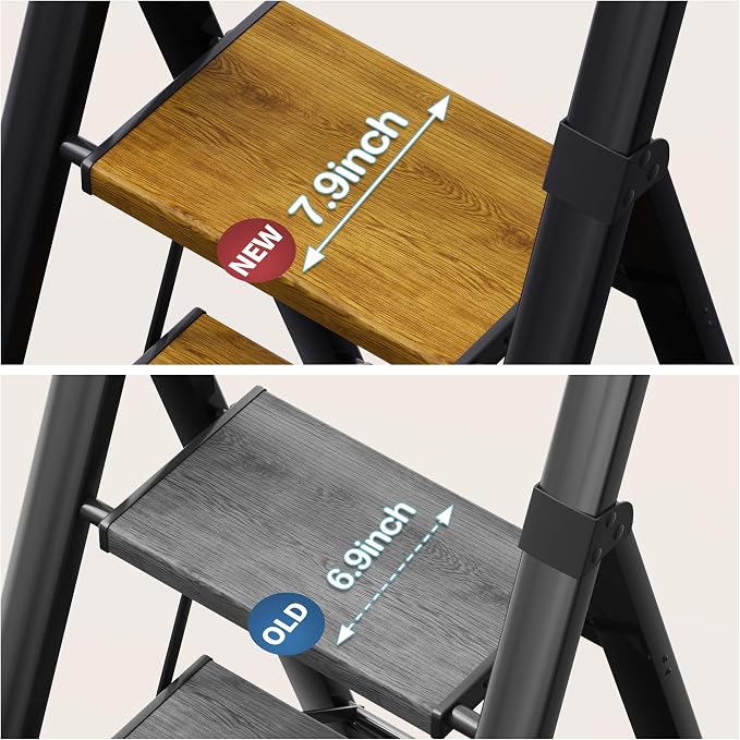 HillhutApex Aluminum 3 Step Ladder, Step Stool Foldable(Black Woodgrain) | Anti-Slip Pedals,330lbs Capacity,Lightweight Folding Ladders for Home,Office,Libaray