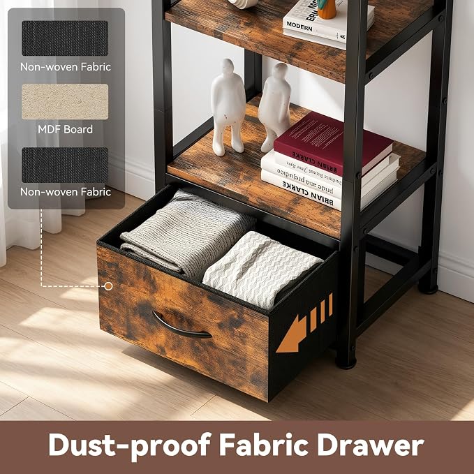 Housolution 6 Tier 60.6" Tall Bookshelf with Storage and LED Light, Brown | Narrow Corner Shelf Stand with Fabric Drawer, Bookcase Storage Organizer, Standing Shelf Unit for Small Spaces