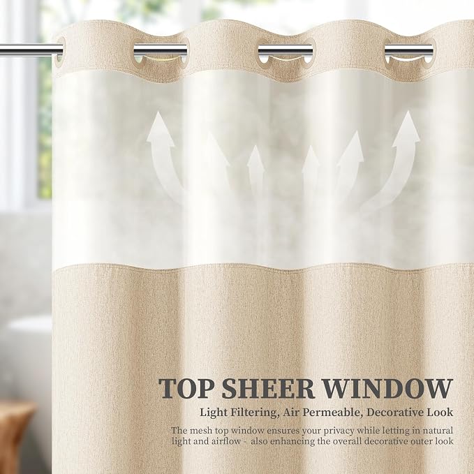 36x75 Ringless Linen Textured Shower Curtain with Snap in Liner, Cream | Half Size, 3 in 1 Shower Curtain Set, Removable Liner, Waterproof & Washable, Mesh Top Window, Durable Fabric, Easy Setup