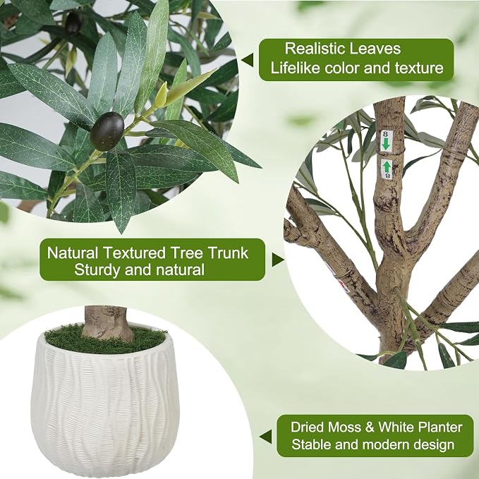 GTIDEA 8ft Artificial Olive Tree, Faux Olive Tree with White Planter | Lifelike Olive Foliage, Grand Complete Design Faux Olive Tree with Stable Solid Base for Living Room Office Indoor Home Decor