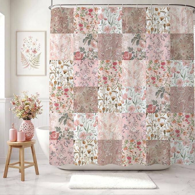 Shower Curtains for Bathroom, Boho Shower Curtain, Vintage Boho Pink Floral Bathroom Decor Bath Curtain, Mid Century Waterproof Retro Farmhouse Patchwork Floral Shower Curtain, 72 X 72 Inches