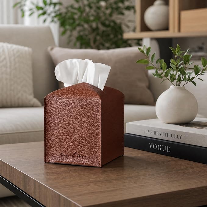 Premium PU Leather Tissue Box Holder - Elegant Hotel-Style Tissue Box Cover for Home, Office & Car Décor, Tissues Cube Organizer for a Natural & Classic Look (Brown)