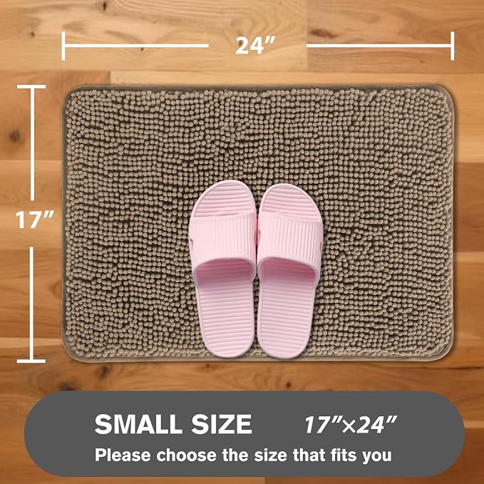 Taupe Bathroom Rugs – Absorbent and Washable Bath Mat, Non-Slip, Thick Soft Chenille Bath Rugs for Bathroom Floor, Shower, Sink - 17" x 24"